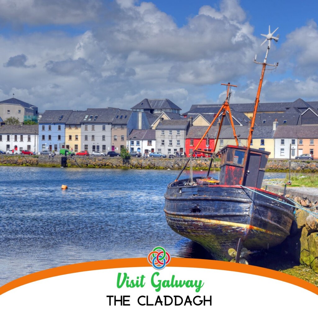 Visit Galway The Claddagh | Irish American Mom Boat by a pier with houses and text banner
