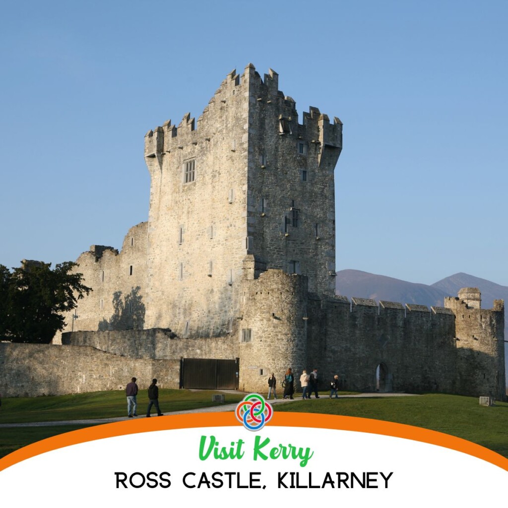 Visit Kerry Ross Castle Killarney | Irish American Mom Castle with text banner