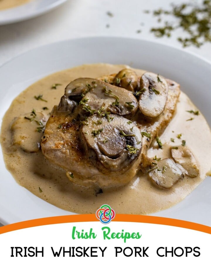 Mushroom and cream sauce pork chop with text banner
