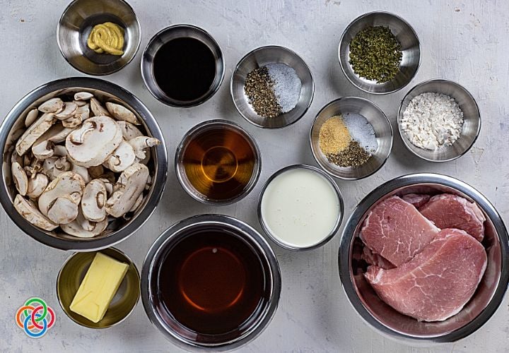 Ingredients for Irish whisky pork chops | Irish American Mom Bowls of ingredients for skillet pork chops