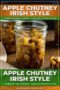 Jar of apple chutney with chunky apples on a wooden table; promotional text reads 'APPLE CHUTNEY IRISH STYLE' with a green subtitle 'Traditional Taste of Ireland - Great with Pork & Cheese!'
