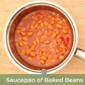 Pot of baked beans with text banner