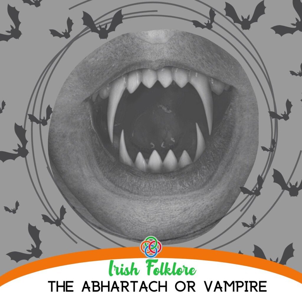 The Abhartach or Irish Vampire | Irish American Mom Fangs surrounded by bats with a text banner