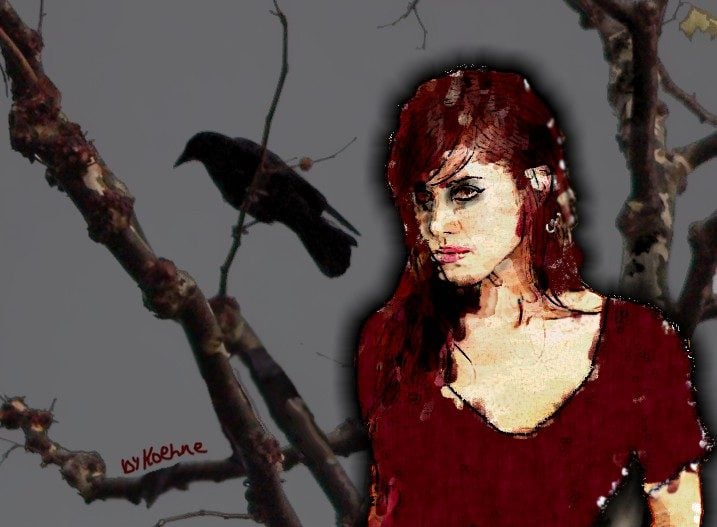 Woman beside a raven on a branch