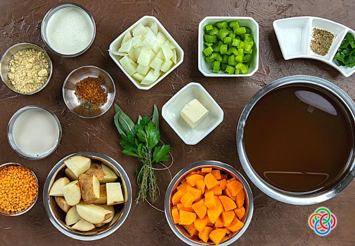 Ingredients for Irish vegetable soup | Irish American Mom Bowls of ingredients for vegetable soup
