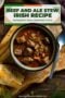 Single-image Celtic-styled poster of Irish beef and ale stew in a rustic pot, featuring a text banner in ivory, green and orange tones.