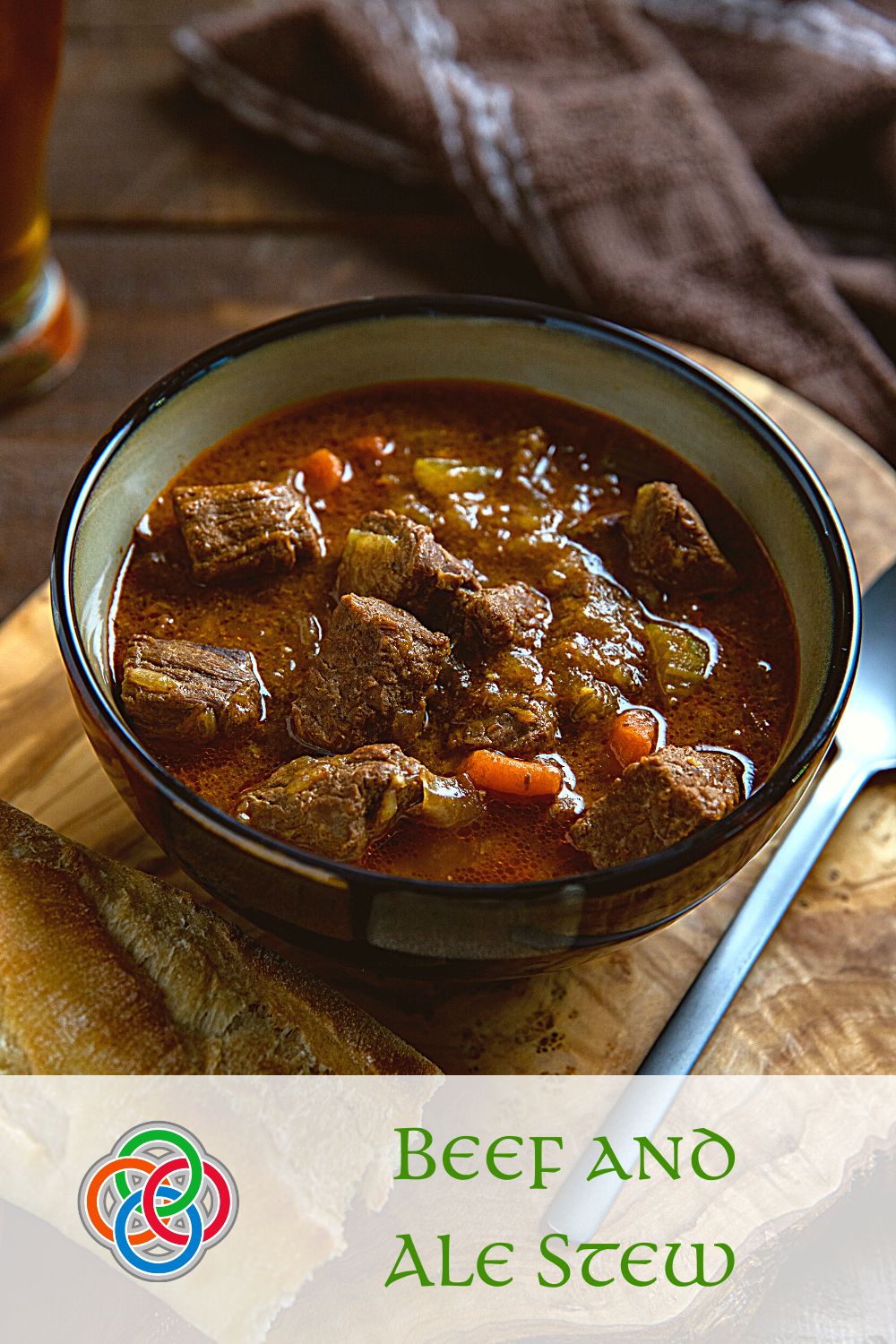 Beef and Ale Stew Recipe from Irish American Mom | Irish American Mom Bowl of beef stew with text banner