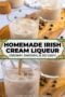 Two-panel Celtic-styled collage: upper panel shows a glass of creamy Irish cream liqueur on a dark wooden background; lower panel displays ingredients and a finished pour with warm amber tones and a central text banner with Celtic scrolls.