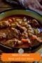 Bowl of beef and ale stew with text banner
