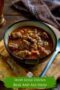 Bowl of beef stew with text banner