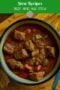 Bowl of beef stew with text banner