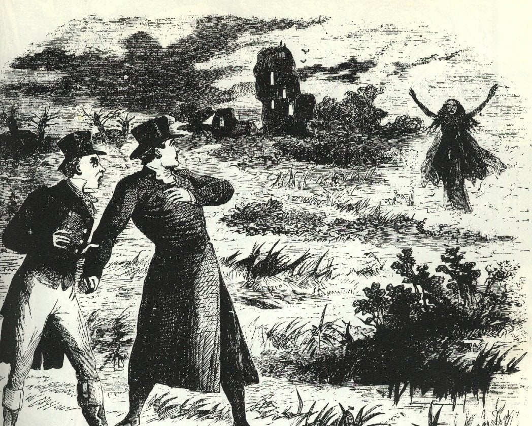 The Banshee Appears from 1862 | Irish American Mom Vintage illustration of two men seeing a ghostlike woman