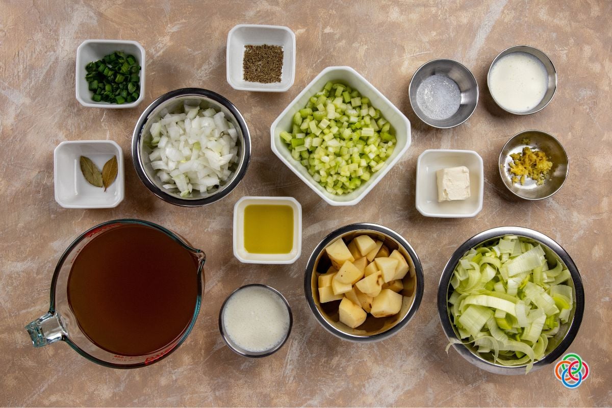 Ingredients for Cream of Celery Soup | Irish American Mom Bowls of ingredients for making soup