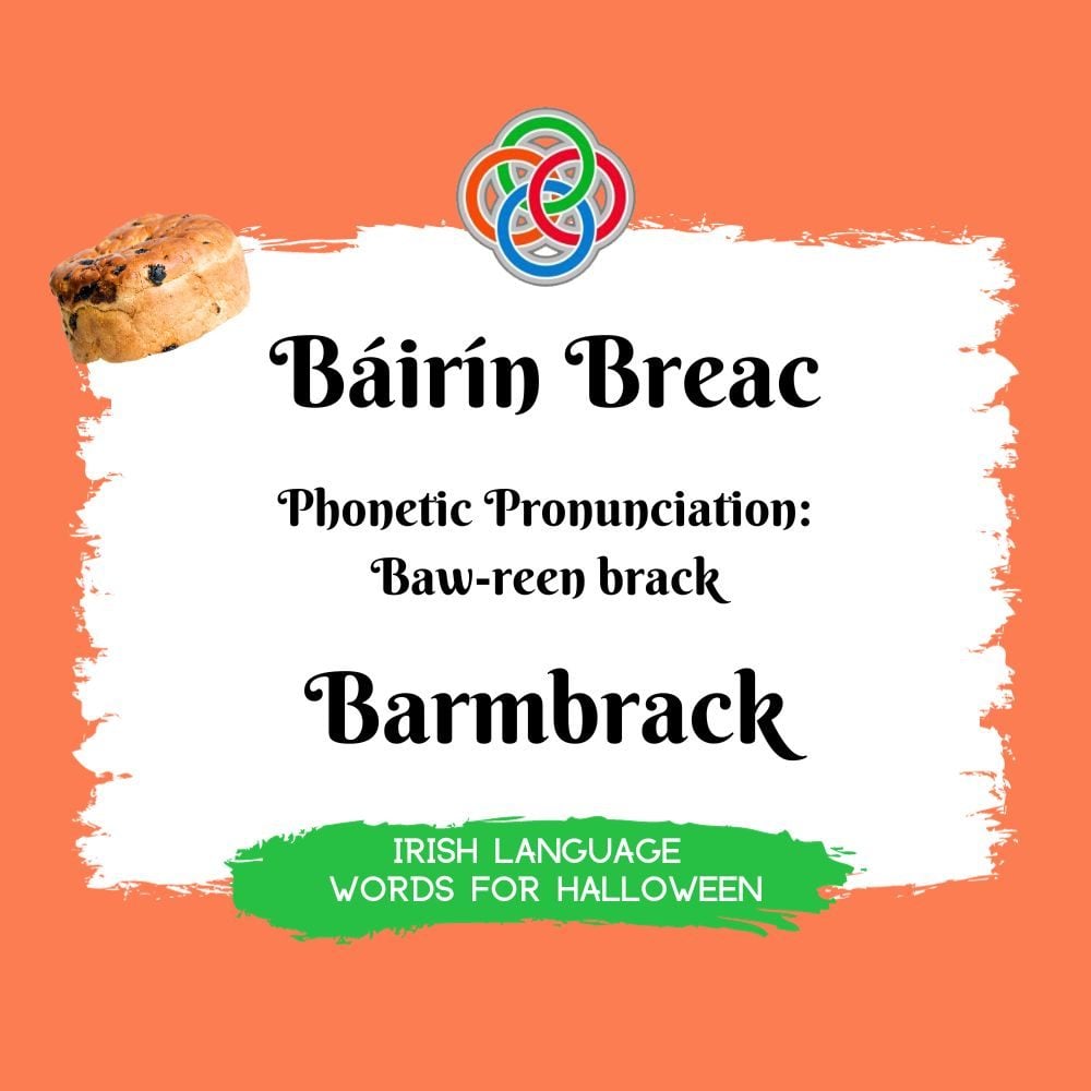 Barmbrack in Irish | Irish American Mom Text graphic with fruit bread