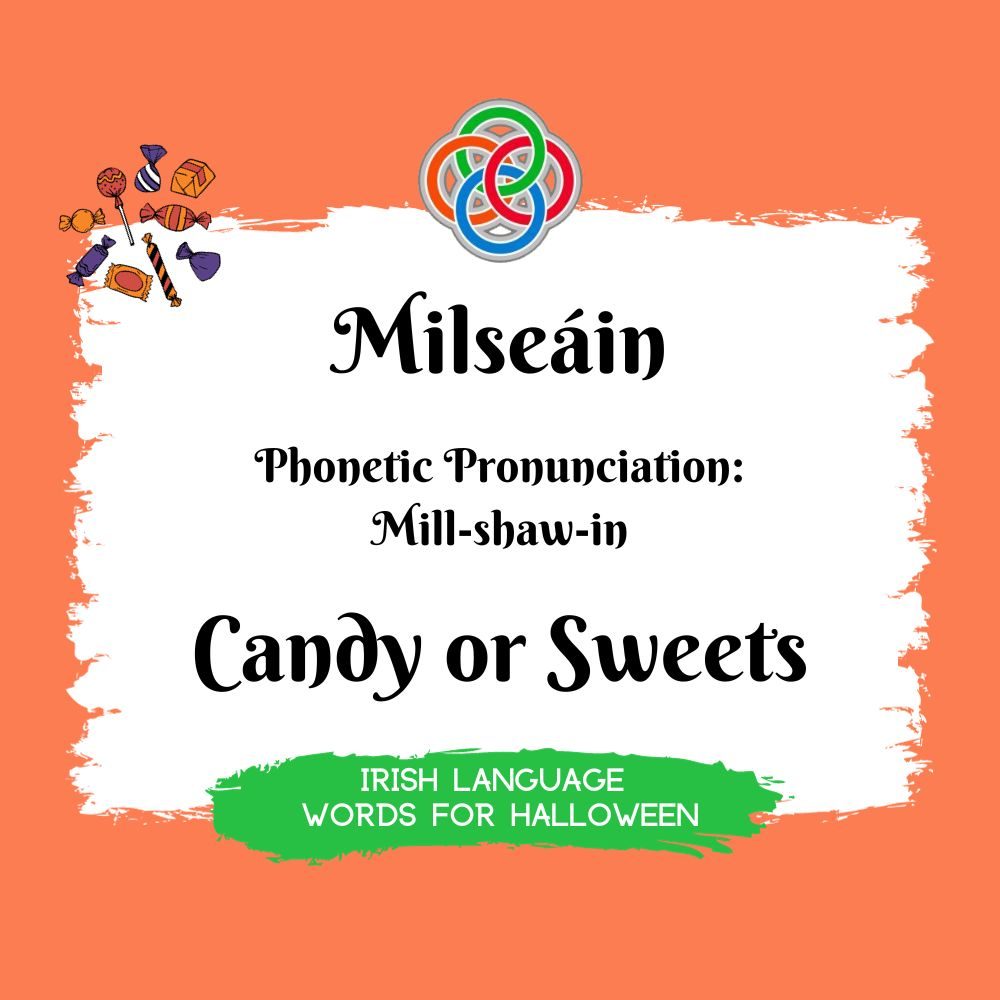 Candy in Irish Language | Irish American Mom Text graphic with candy