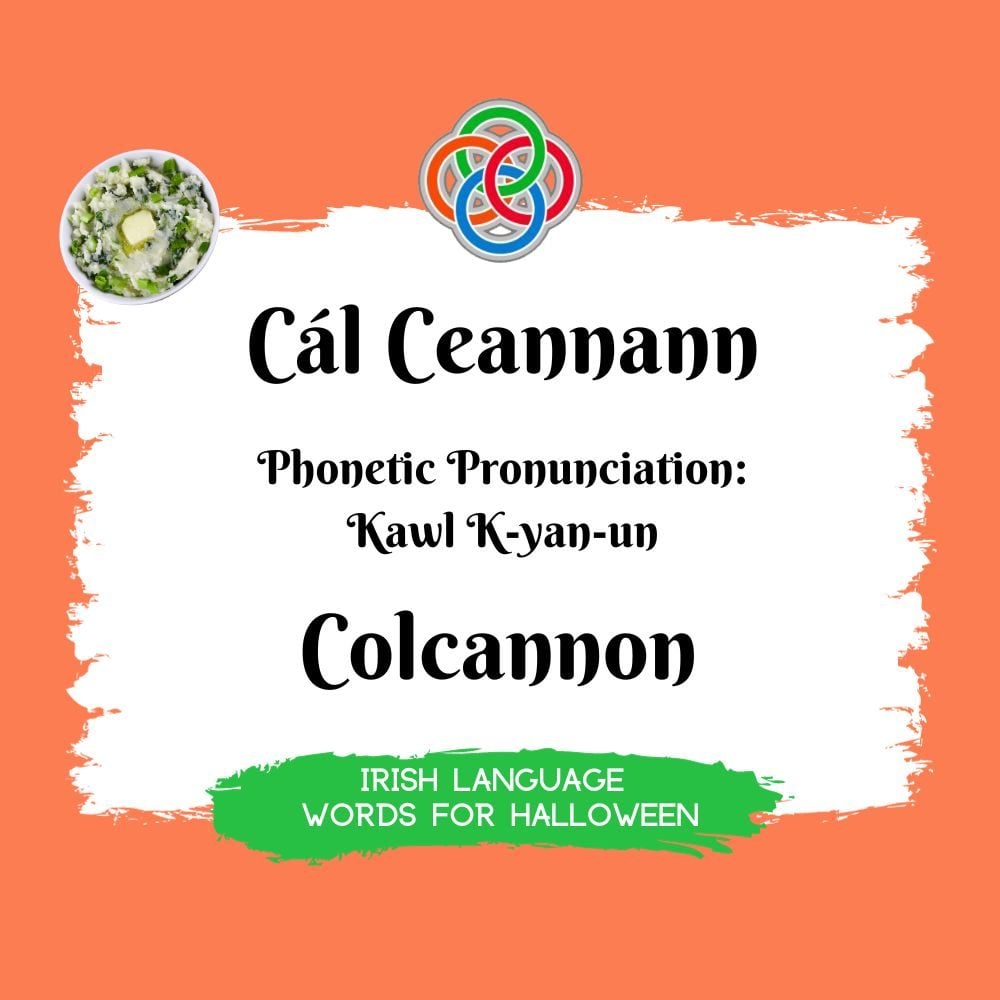 Colcannon in Irish | Irish American Mom Text graphic with bowl of colcannon