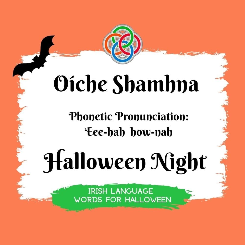 Halloween Night in Irish | Irish American Mom Text graphic with bat