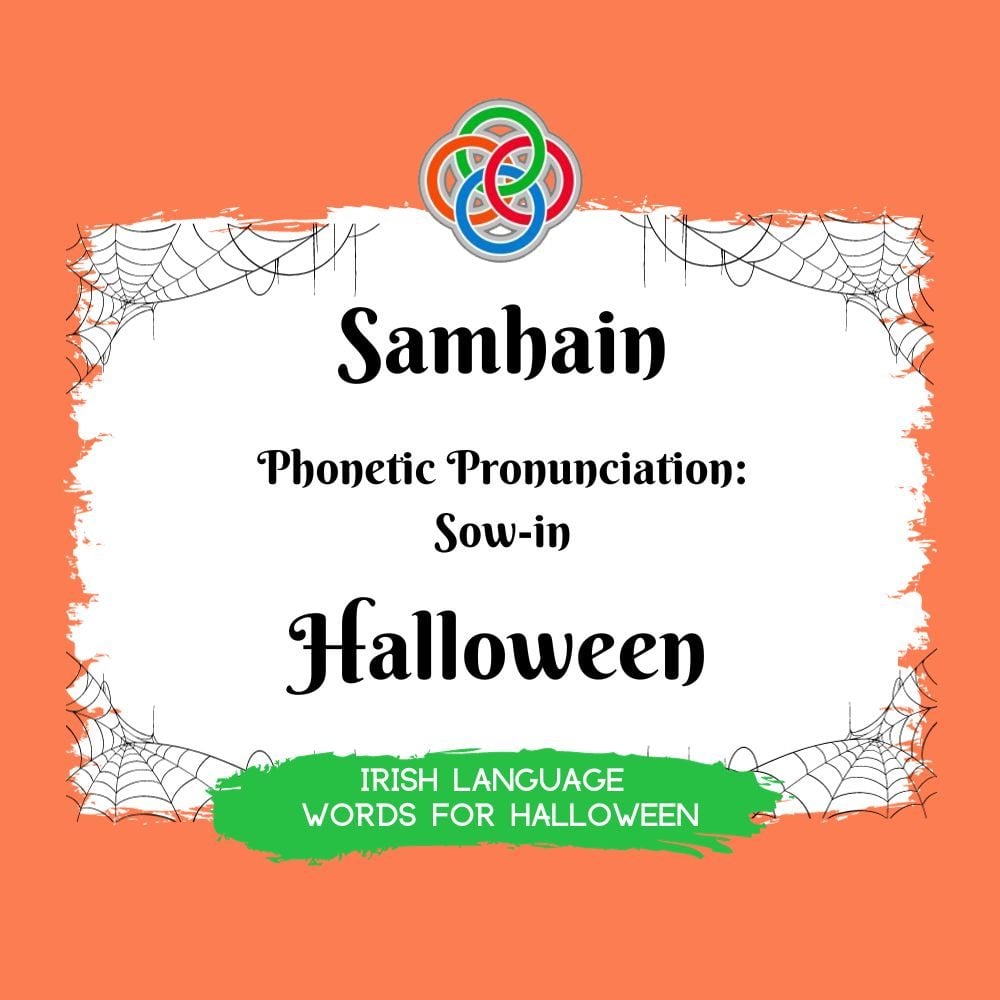 Halloween in Irish | Irish American Mom Text graphic with spider webs