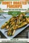 Roasted parsnip sticks glazed with honey and garnished with chopped herbs on a white plate, with text overlay reading “Honey Roasted Parsnips – Perfectly Sweet and Savory Irish Side Dish - A Taste of Ireland.”