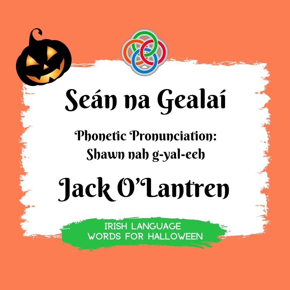 Jack OLantern in Irish | Irish American Mom Text graphic with jack o lantern