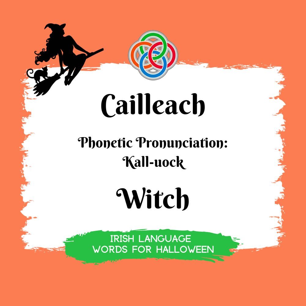 Witch in Irish | Irish American Mom Text graphic with witch on broomstick