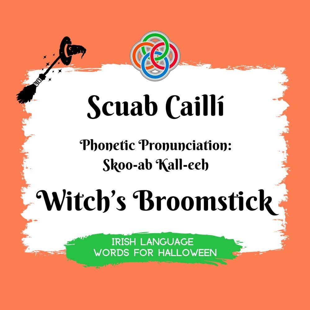 Witchs Broomstick in Irish | Irish American Mom Text graphic with broomstick