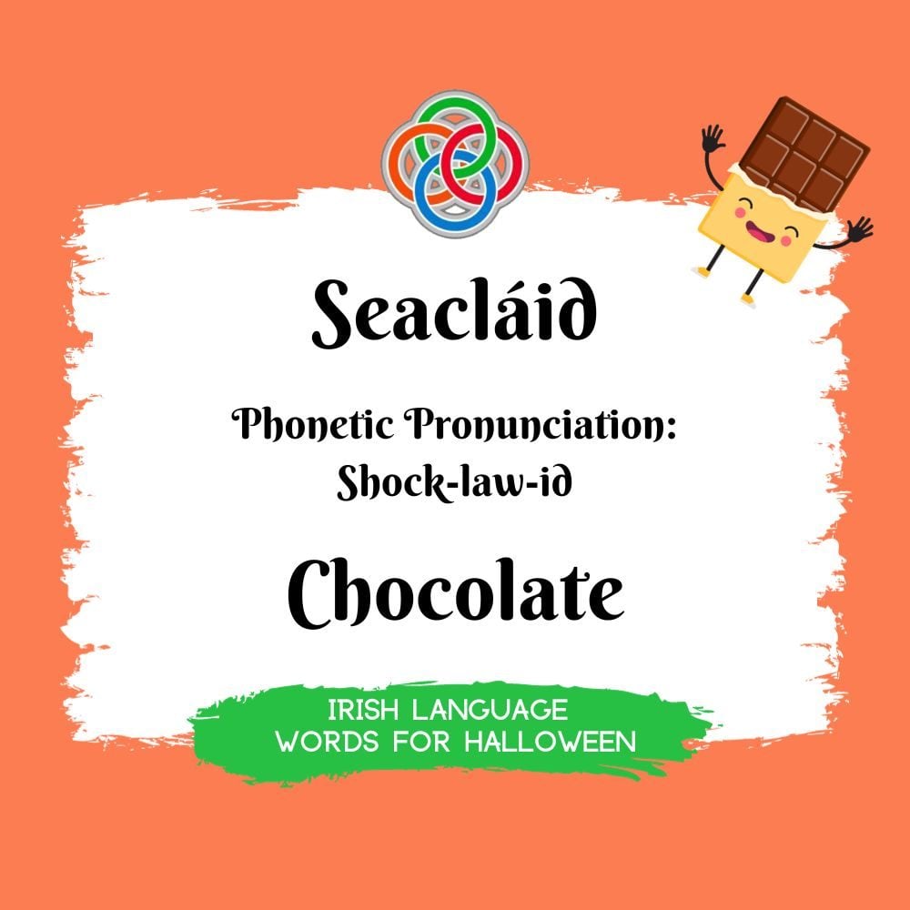 chocolate in Irish Language | Irish American Mom Text graphic with chocolate bar