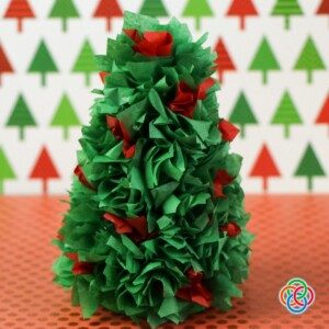 Christmas tree ornament made with green and red tissue paper