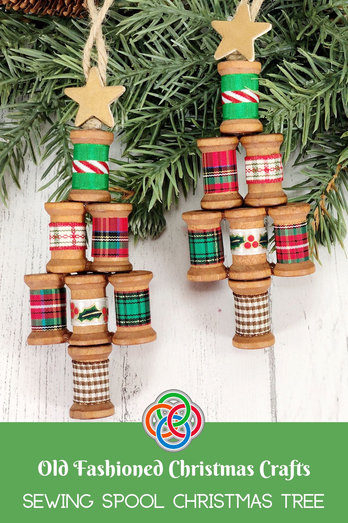 Old Fashioned Christmas Crafts Sewing Spool Christmas Tree | Irish American Mom Two wooden spool Christmas tree ornaments in foliage with text banner