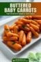 Single-image Celtic-styled poster of buttered baby carrots in a white dish, featuring a text banner in green, cream and amber tones.