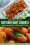 Two-panel Celtic-styled collage: top panel shows golden buttered baby carrots in a rustic dish; bottom panel shows a close-up of creamy Irish butter melting over tender carrots with a central green background text banner.