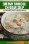 Single-image poster of creamy broccoli cheddar soup in a rustic bowl, styled with Celtic-inspired design elements and text banner in warm green, ivory and orange tones.
