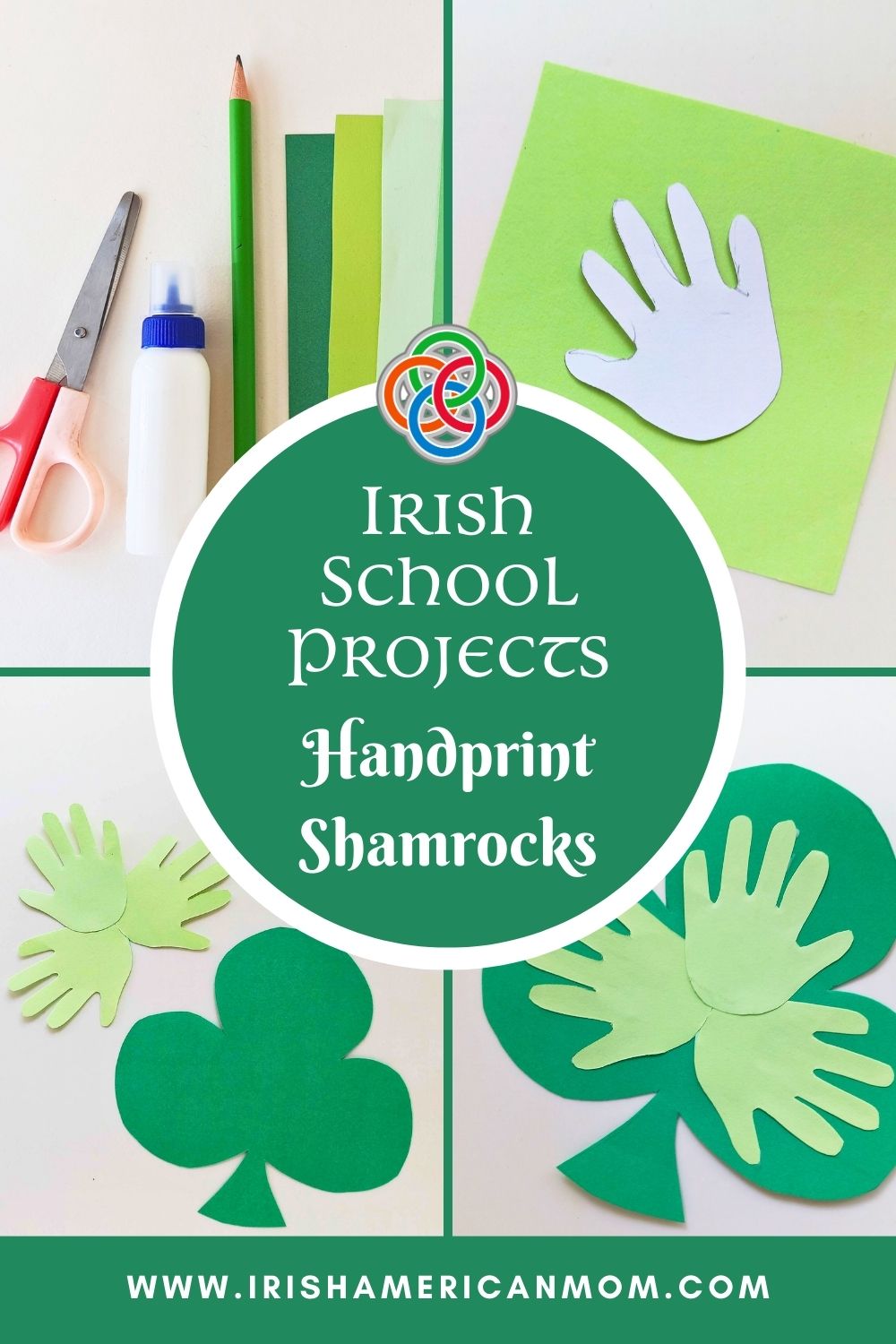 Irish School Projects Handprint Shamrocks | Irish American Mom Collage for making paper handprint shamrocks with text bubble
