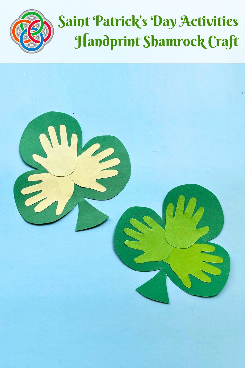 Saint Patricks Day Activities Handprint Shamrock Craft | Irish American Mom Paper shamrocks and text banner