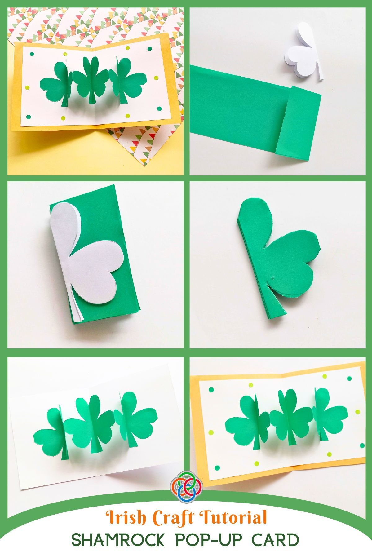 Irish Craft Tutorial Shamrock Pop-up Card | Irish American Mom Collage showing how to make a pop-up shamrock card with text banner