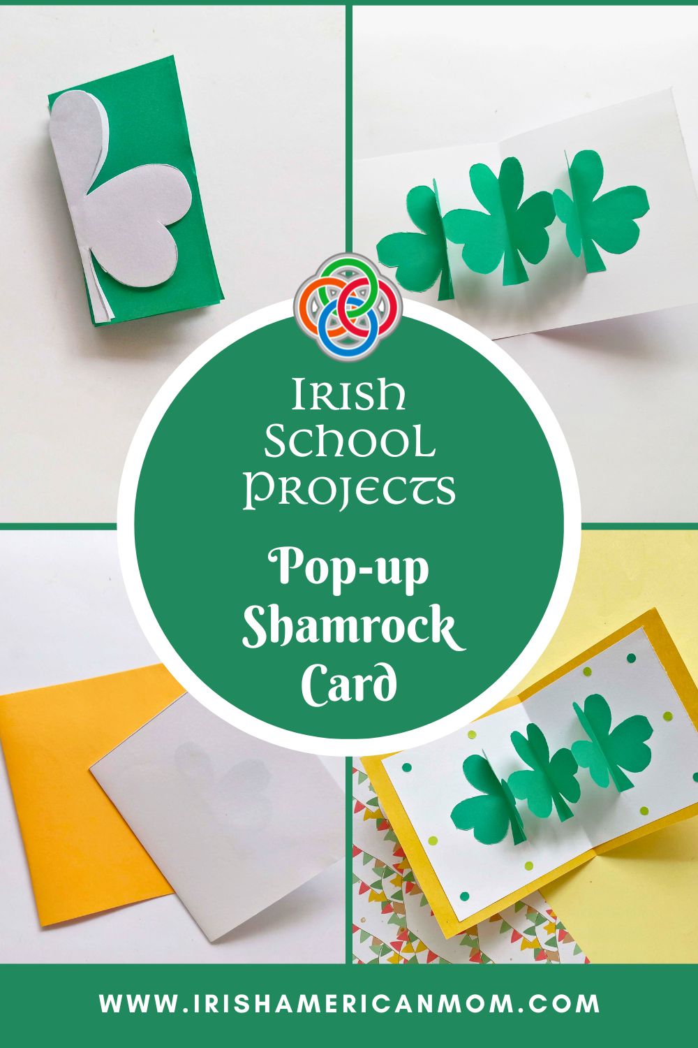 Irish School Projects Pop-up Shamrock Card | Irish American Mom Collage featuring how to make a pop up shamrock card with text bubble