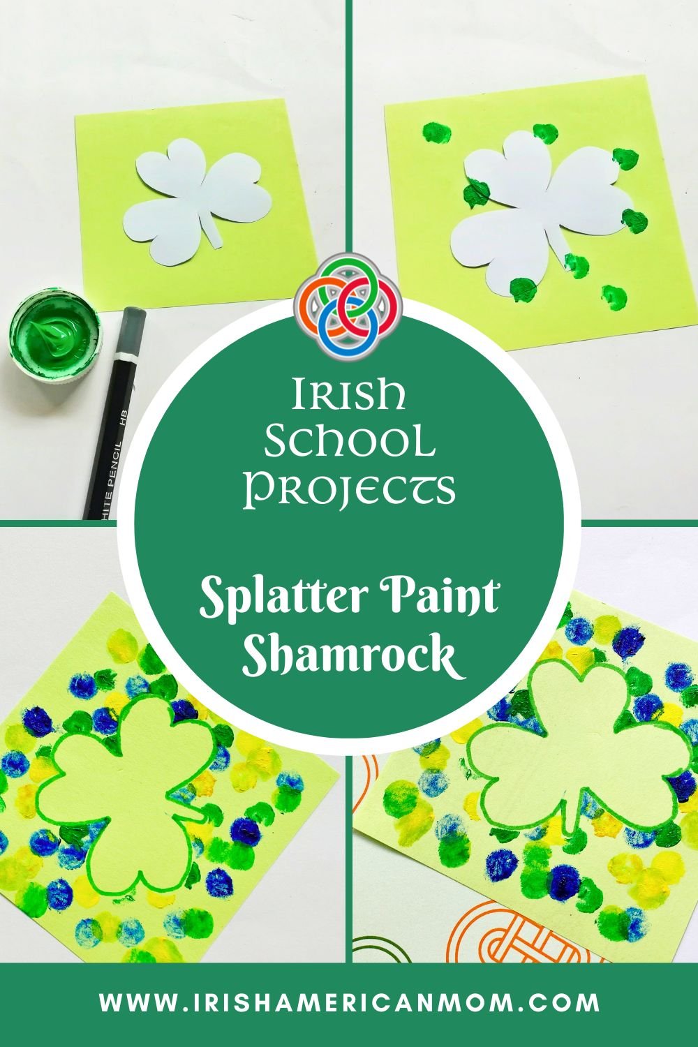 Splatter painting shamrock collage with text bubble