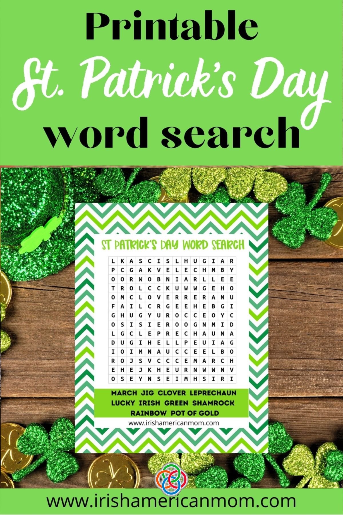 Printable Saint Patricks Day Word Search | Irish American Mom Graphic featuring a word search puzzle and text banner