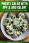 Bowl of creamy potato salad with sliced red potatoes, chopped apple, and celery, garnished with green onions, with text reading โPotato Salad with Apple and Celery โ The Ultimate Refreshing Side Dish.โ