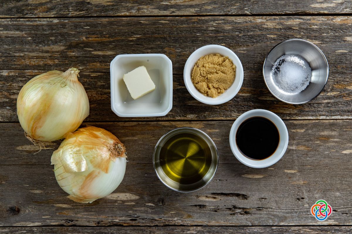 Onions with bowls of ingredients