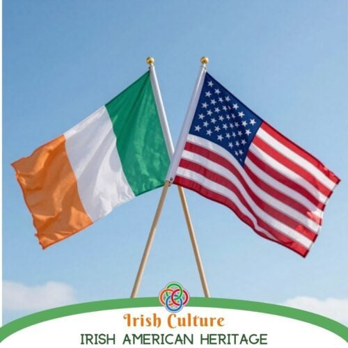 Irish and American flags crossed and waving together against a blue sky representing Irish American heritage and cultural connection between Ireland and the United States.