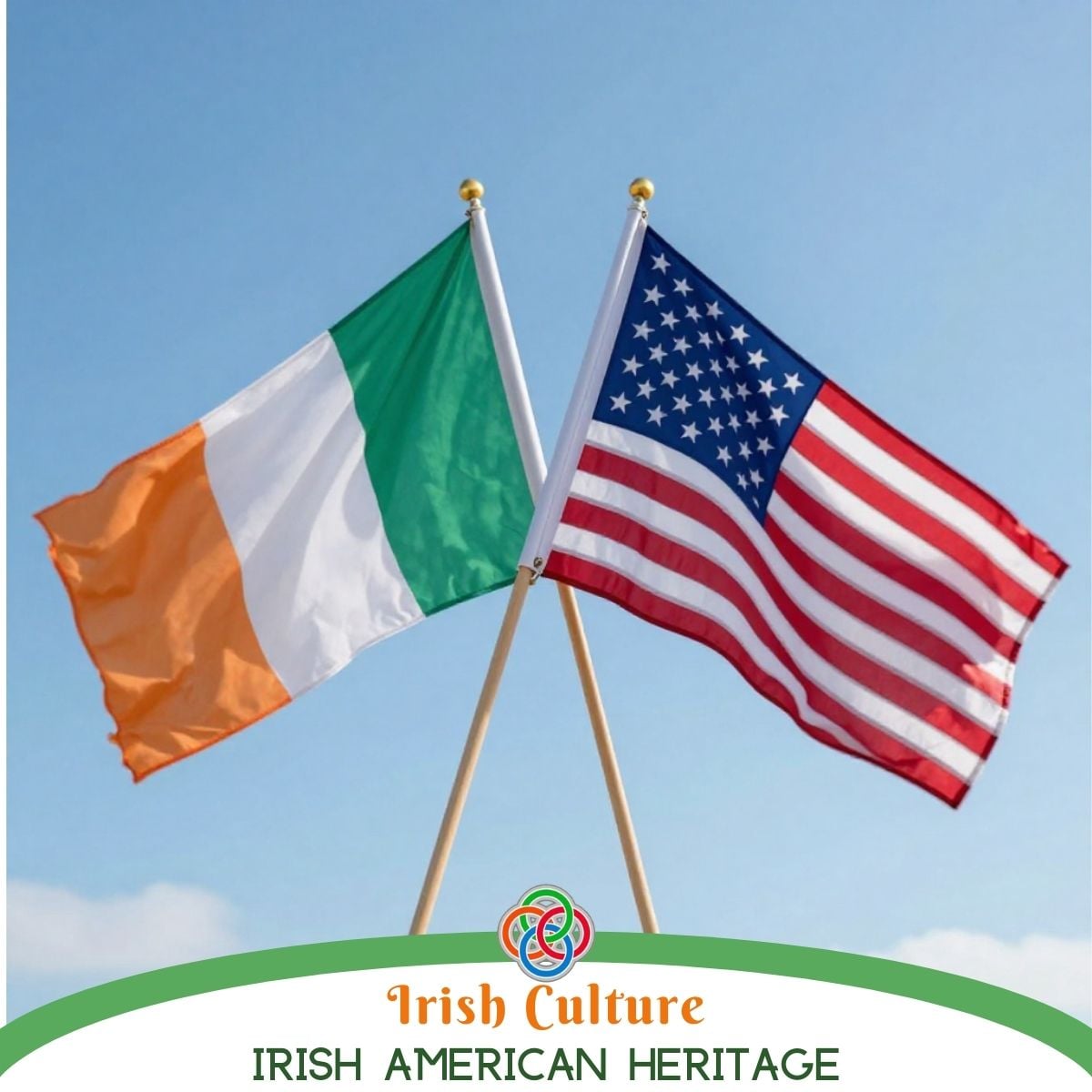 Irish and American flags crossed and waving together against a blue sky representing Irish American heritage and cultural connection between Ireland and the United States.