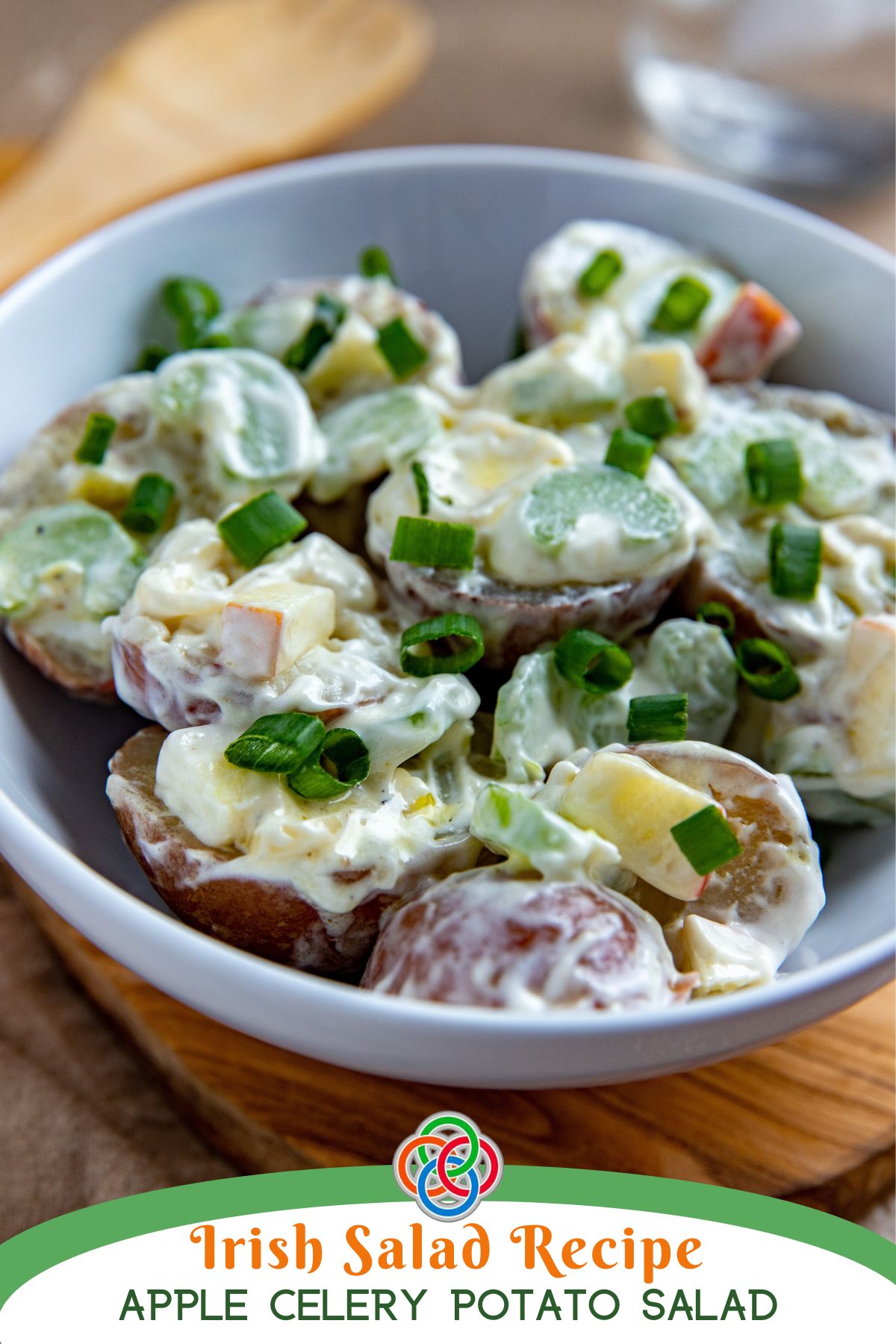 Irish Recipe Apple Celery Potato Salad | Irish American Mom Bowl of potato salad with text banner