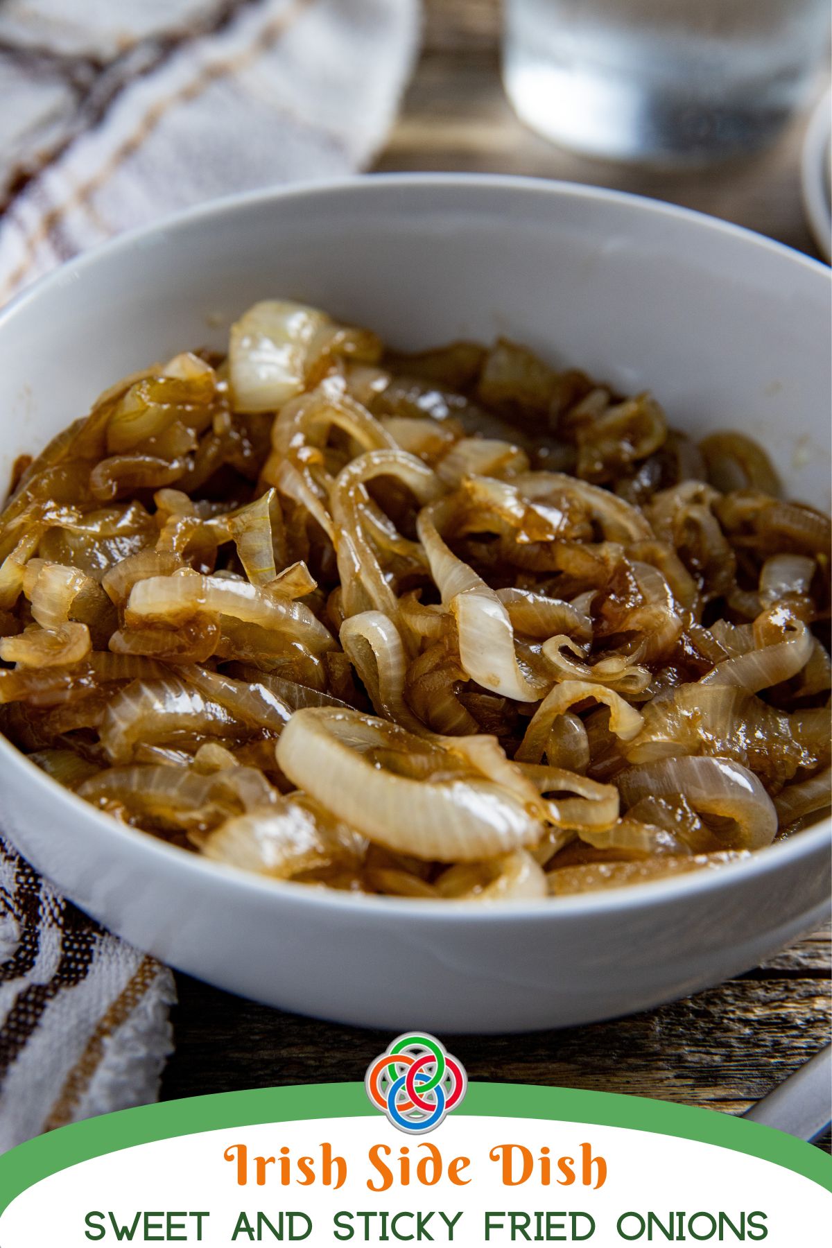 Bowl of fried onions with text banner