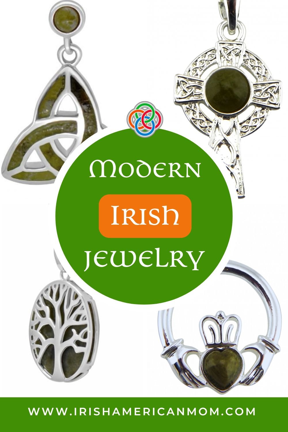 Modern Irish Jewelry | Irish American Mom Collage of Celtic style pendants with text bubble