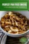 Single-image poster of golden caramelized pan fried onions in a skillet, styled with Celtic-inspired cream and green tones on a dark rustic background.