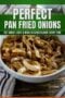 Single-image poster of golden caramelized pan fried onions in a skillet, styled with Celtic-inspired cream and green tones on a dark rustic background.