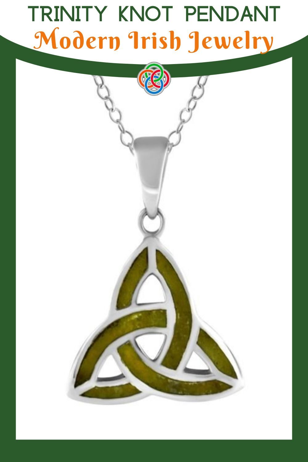 Trinity Knot Pendant Modern Irish Jewelry | Irish American Mom Trinity knot pendant with text banner