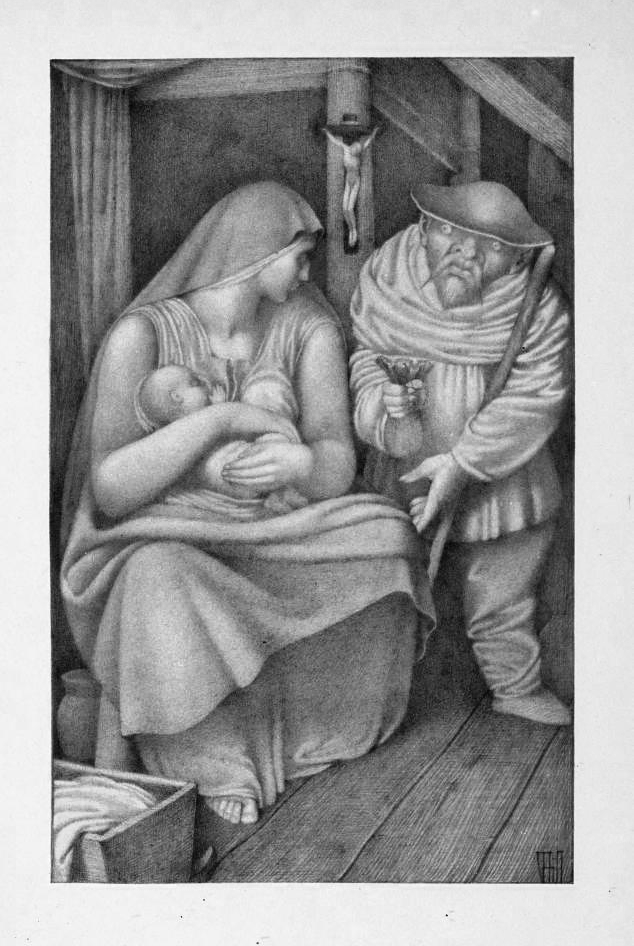 Black and white drawing of a woman with a baby beside a seal man