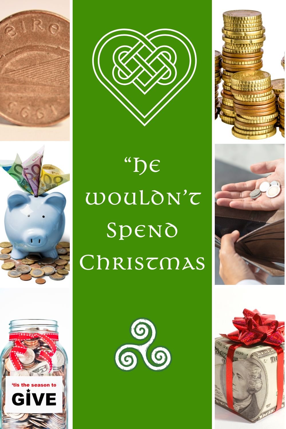 Collage of money photos with text banner